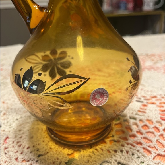 Vintage Romanian Amber Glass Hand Painted Decanter Set - Picture 8 of 10